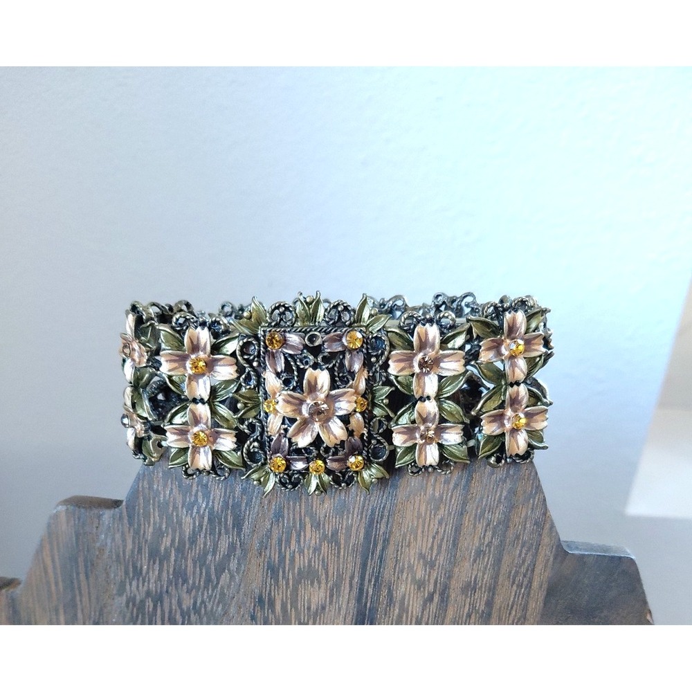Vintage 1980s Enamel On Bronze Floral Flower Open Panel Link Bracelet Fairy Chic - Picture 2 of 8